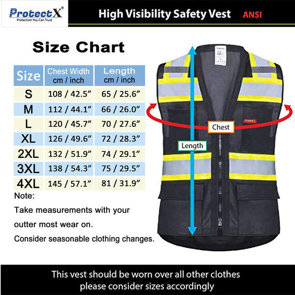 ProtectX Safety Vest Black Hi-Visibility Vest All Solid Fabric with 6 Pockets