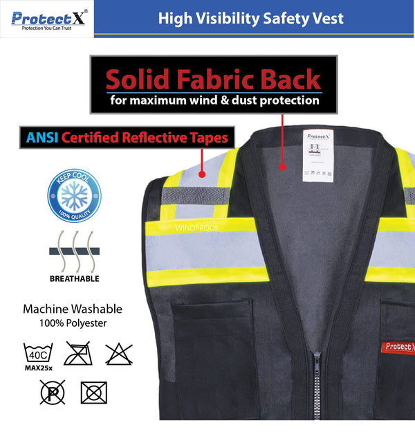 ProtectX Safety Vest Black Hi-Visibility Vest All Solid Fabric with 6 Pockets