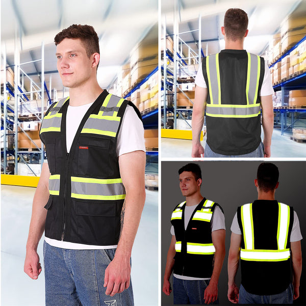 ProtectX Safety Vest Black Hi-Visibility Vest All Solid Fabric with 6 Pockets