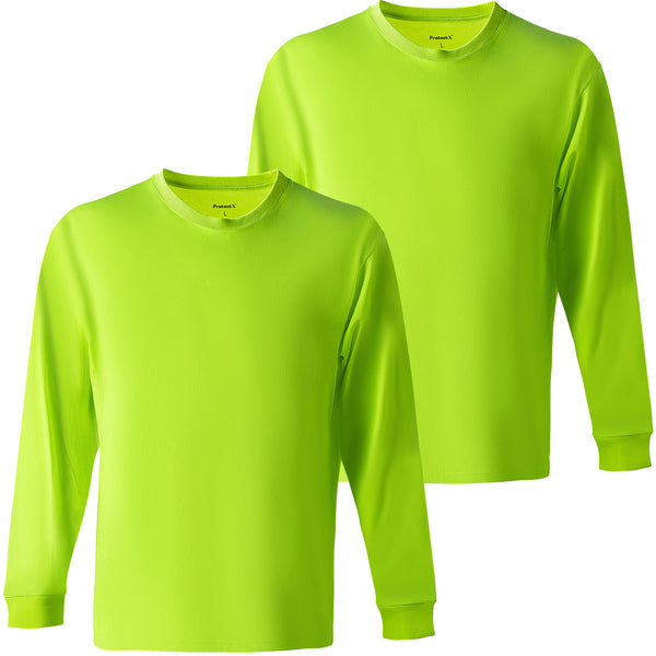 ProtectX 2-Pack High Visibility Long Sleeve T-Shirts, Comfortable Cotton Blend Men's Work Athletic Shirt, Neon Green