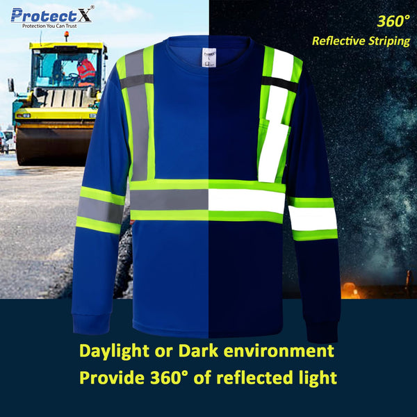 ProtectX Men's High Visibility Shirt Blue Long Sleeve Reflective Hi Vis Safety Shirts