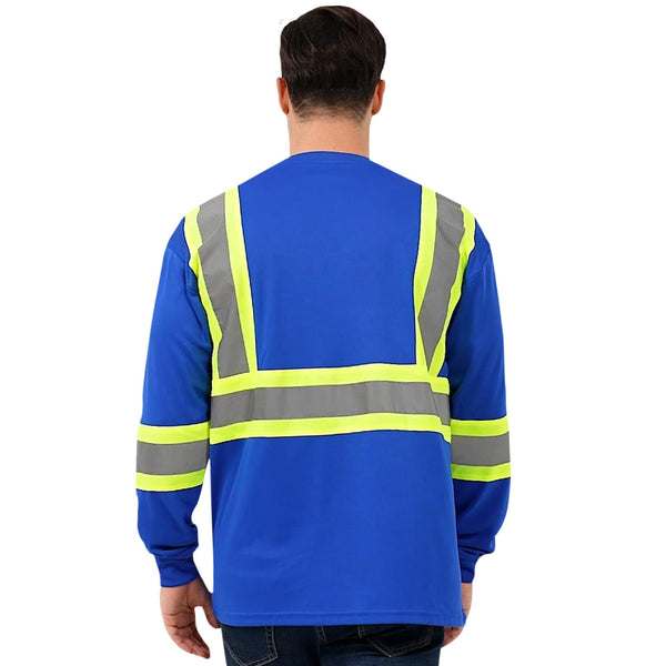 ProtectX Men's High Visibility Shirt Blue Long Sleeve Reflective Hi Vis Safety Shirts