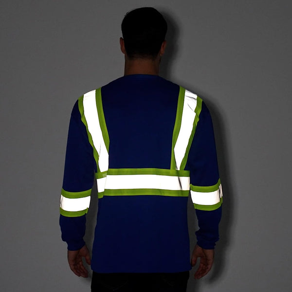 ProtectX Men's High Visibility Shirt Blue Long Sleeve Reflective Hi Vis Safety Shirts