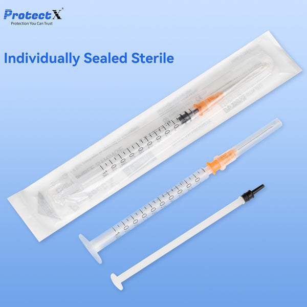 ProtectX 50 Pack 1ml/cc Single Use Syringe with 25G 1 Inch Needle Luer Slip Syringe