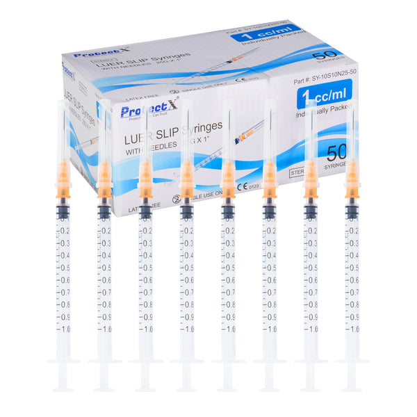 ProtectX 50 Pack 1ml/cc Single Use Syringe with 25G 1 Inch Needle Luer Slip Syringe