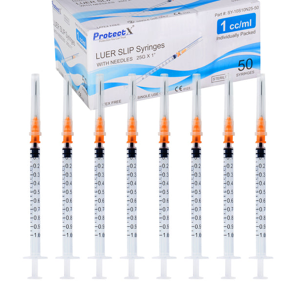 ProtectX 50 Pack 1ml/cc Single Use Syringe with 25G 1 Inch Needle Luer Slip Syringe