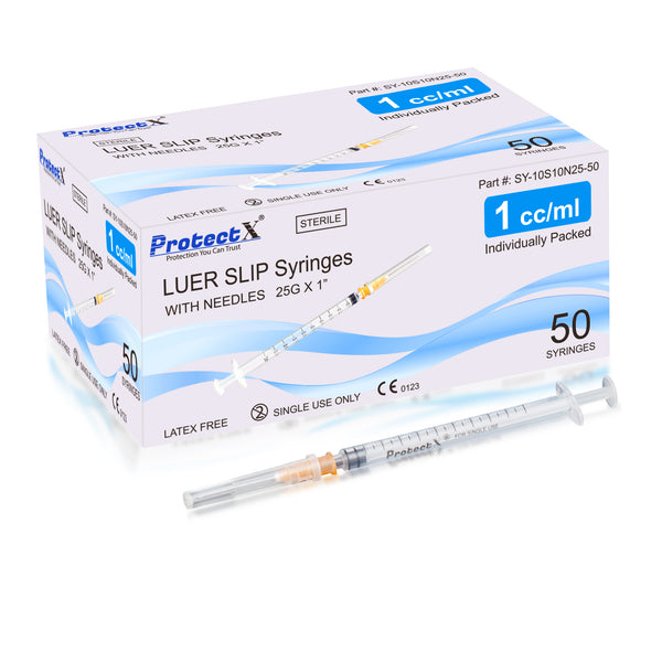 ProtectX 50 Pack 1ml/cc Single Use Syringe with 25G 1 Inch Needle Luer Slip Syringe