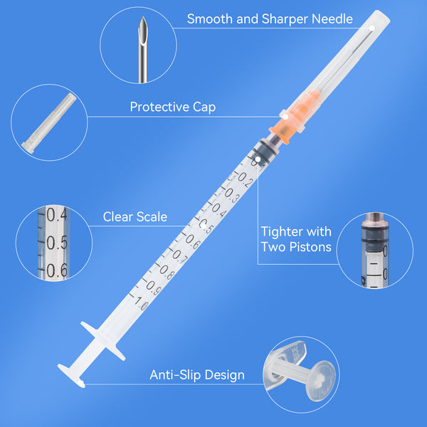 ProtectX 50 Pack 1ml/cc Single Use Syringe with 25G 1 Inch Needle Luer Slip Syringe