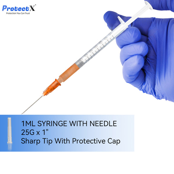 ProtectX 50 Pack 1ml/cc Single Use Syringe with 25G 1 Inch Needle Luer Slip Syringe