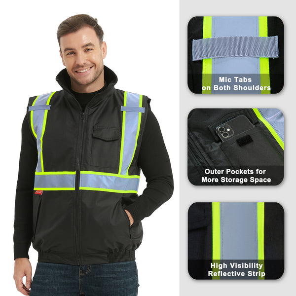 ProtectX Black Winter Safety Vest Insulated High Visibility Construction Vest With Pockets