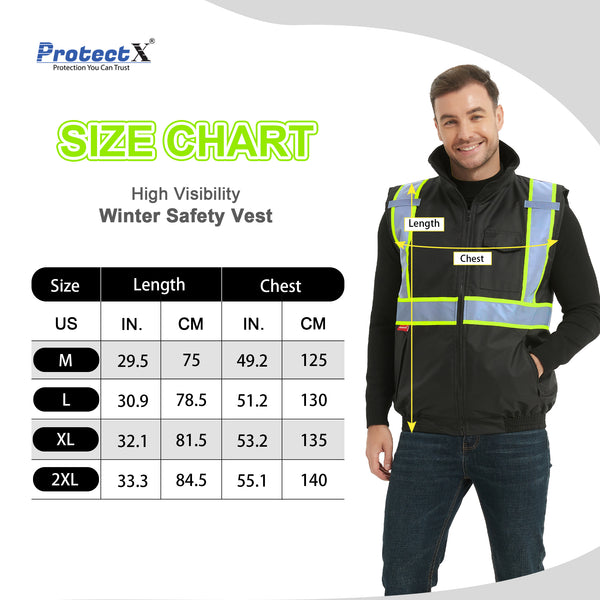 ProtectX Black Winter Safety Vest Insulated High Visibility Construction Vest With Pockets