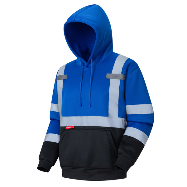 ProtectX Blue Pullover High Visibility Winter/Fall Hoodie Safety Reflective Sweatshirt For Men and Women with Large Pockets