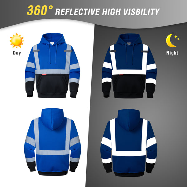 ProtectX Blue Pullover High Visibility Winter/Fall Hoodie Safety Reflective Sweatshirt For Men and Women with Large Pockets