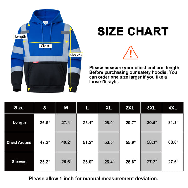 ProtectX Blue Pullover High Visibility Winter/Fall Hoodie Safety Reflective Sweatshirt For Men and Women with Large Pockets