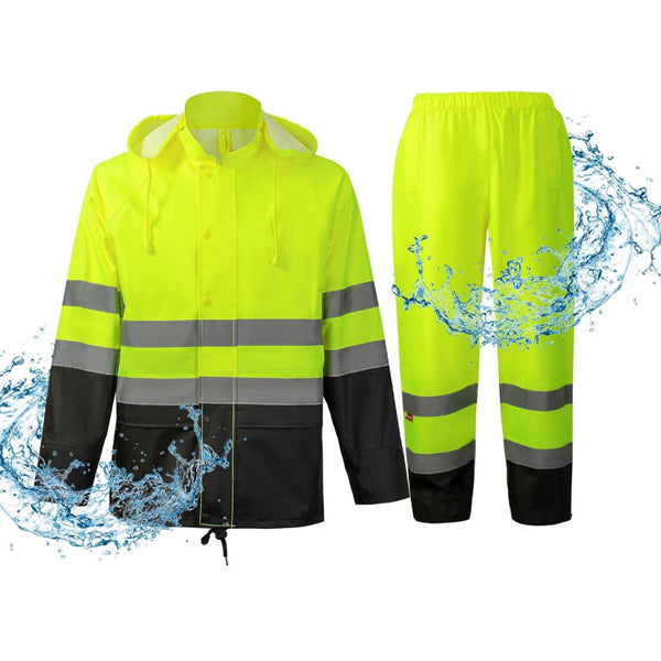 ProtectX Class 3 High Visibility Rain Suit for Men Waterproof, Hi Vis Reflective Safety Rain Jacket Pant Set Rain Coat - Neon Green