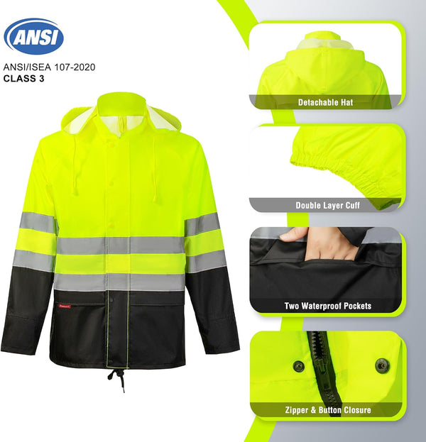 ProtectX Class 3 High Visibility Rain Suit for Men Waterproof, Hi Vis Reflective Safety Rain Jacket Pant Set Rain Coat - Neon Green