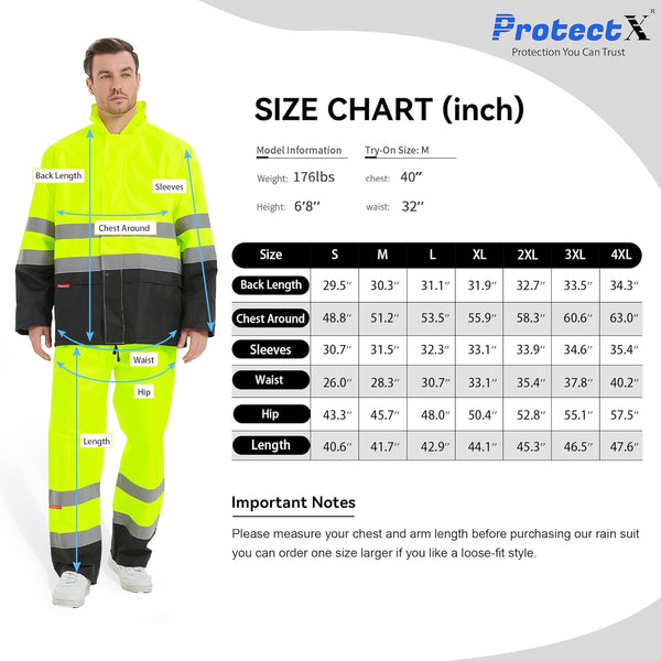 ProtectX Class 3 High Visibility Rain Suit for Men Waterproof, Hi Vis Reflective Safety Rain Jacket Pant Set Rain Coat - Neon Green