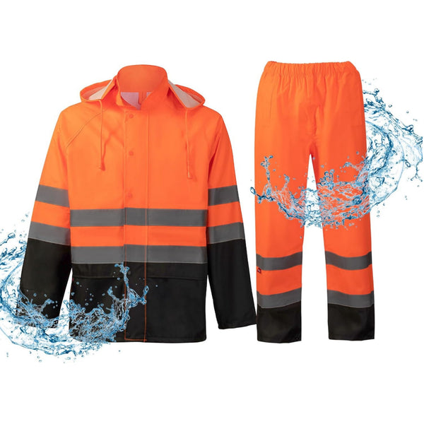 ProtectX Class 3 High Visibility Rain Suit for Men Waterproof, Hi Vis Reflective Safety Rain Jacket Pant Set Rain Coat - Orange