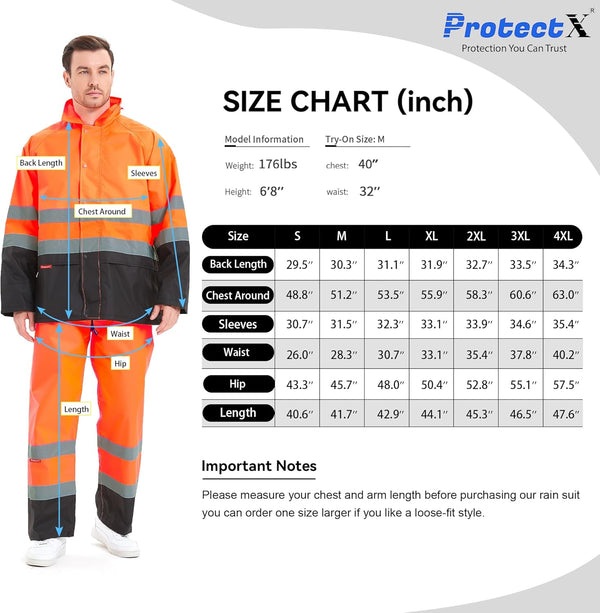 ProtectX Class 3 High Visibility Rain Suit for Men Waterproof, Hi Vis Reflective Safety Rain Jacket Pant Set Rain Coat - Orange