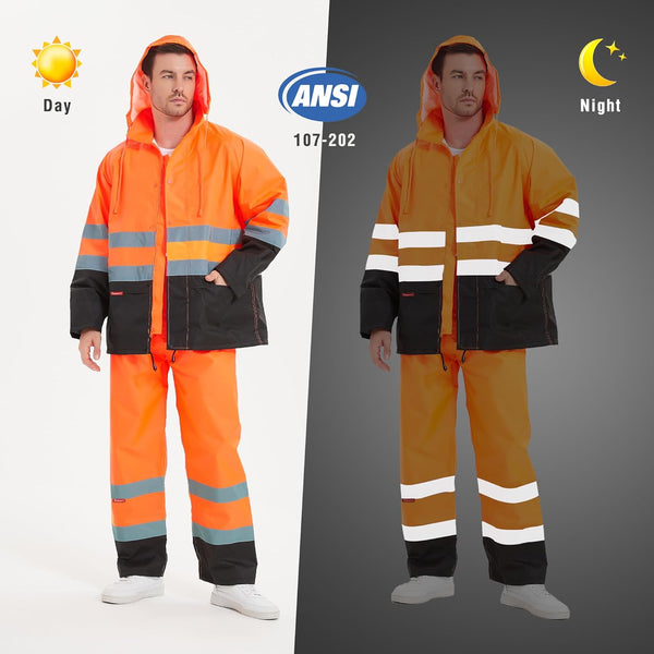 ProtectX Class 3 High Visibility Rain Suit for Men Waterproof, Hi Vis Reflective Safety Rain Jacket Pant Set Rain Coat - Orange