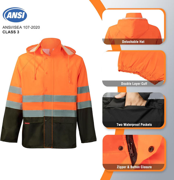 ProtectX Class 3 High Visibility Rain Suit for Men Waterproof, Hi Vis Reflective Safety Rain Jacket Pant Set Rain Coat - Orange