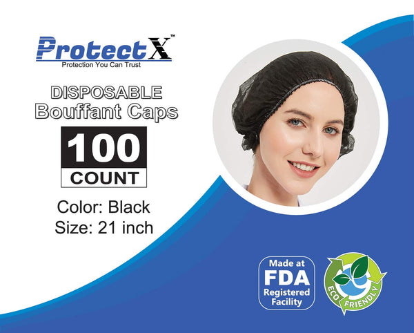 ProtectX Disposable Hair Nets 100-Pack 21" Black Single-use Bouffant Caps