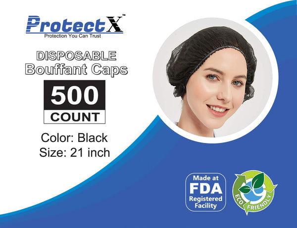 ProtectX Disposable Hair Nets 100-Pack 21" Black Single-use Bouffant Caps