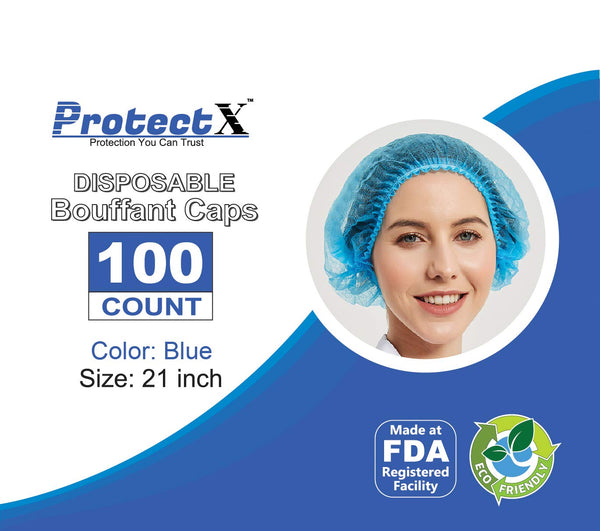 ProtectX Disposable Hair Nets 100-Pack 21" Blue Single-use Bouffant Caps