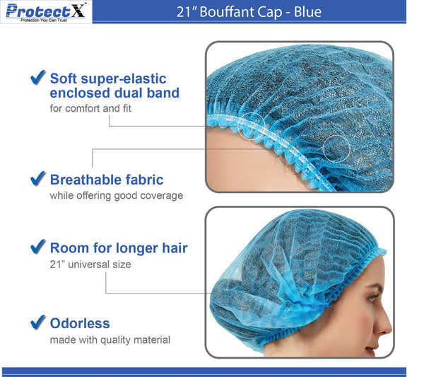 ProtectX Disposable Hair Nets 100-Pack 21" Blue Single-use Bouffant Caps