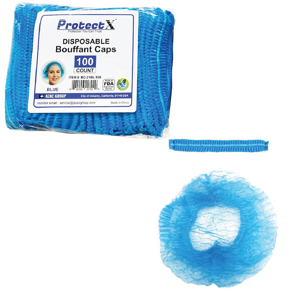 ProtectX Disposable Hair Nets 100-Pack 21" Blue Single-use Bouffant Caps