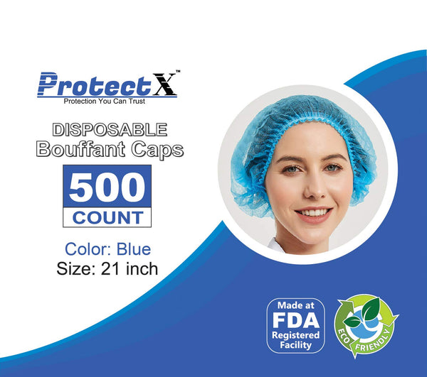 ProtectX Disposable Hair Nets 100-Pack 21" Blue Single-use Bouffant Caps