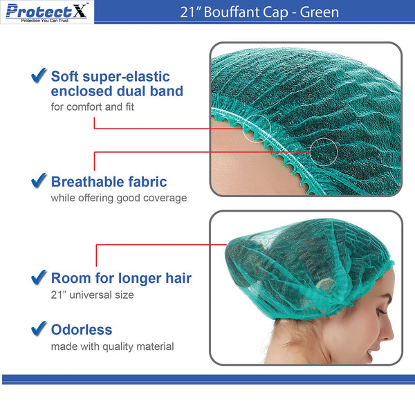 ProtectX Disposable Hair Nets 100-Pack 21" Green Single-use Bouffant Caps