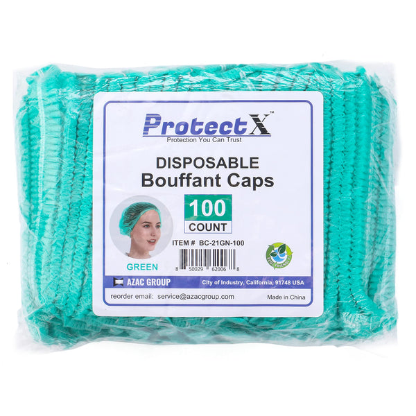 ProtectX Disposable Hair Nets 100-Pack 21" Green Single-use Bouffant Caps