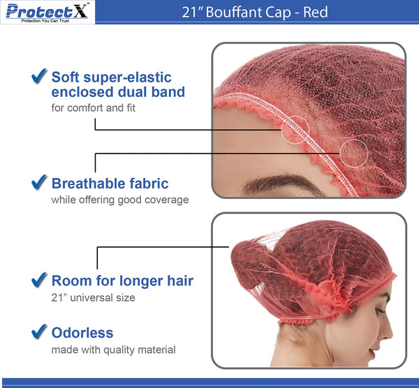 ProtectX Disposable Hair Nets 100-Pack 21" Red Single-use Bouffant Caps