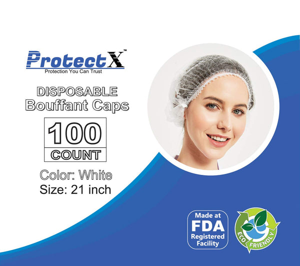 ProtectX Disposable Hair Nets 100-Pack 21" White Single-use Bouffant Caps