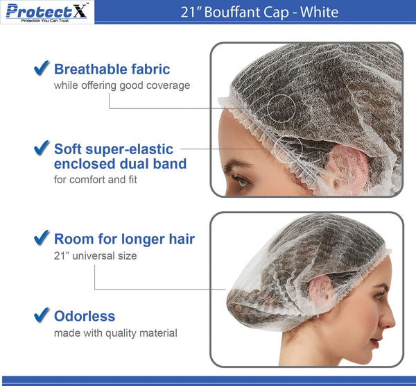 ProtectX Disposable Hair Nets 100-Pack 21" White Single-use Bouffant Caps