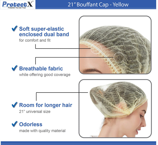 ProtectX Disposable Hair Nets 100-Pack 21" Yellow Single-use Bouffant Caps