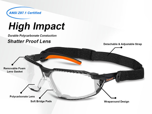 ProtectX Expedition Clear Safety Glasses Anti-Fog Scratch Resistant Lenses ANSI Z87.1