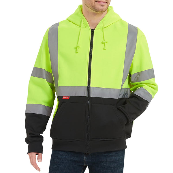 ProtectX Green Zippered High Visibility Winter/Fall Hoodie Safety Reflective Sweatshirt For Men and Women with Large Pockets