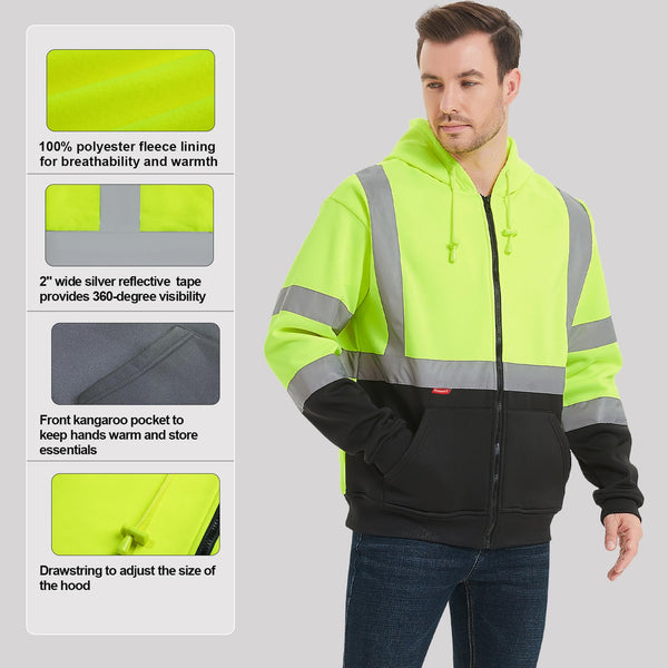 ProtectX Green Zippered High Visibility Winter/Fall Hoodie Safety Reflective Sweatshirt For Men and Women with Large Pockets