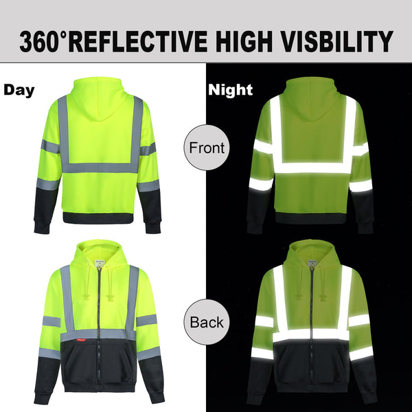 ProtectX Green Zippered High Visibility Winter/Fall Hoodie Safety Reflective Sweatshirt For Men and Women with Large Pockets