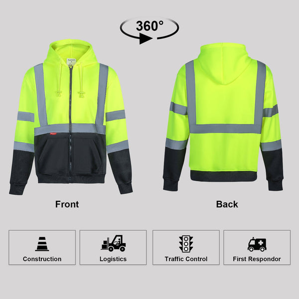 ProtectX Green Zippered High Visibility Winter/Fall Hoodie Safety Reflective Sweatshirt For Men and Women with Large Pockets