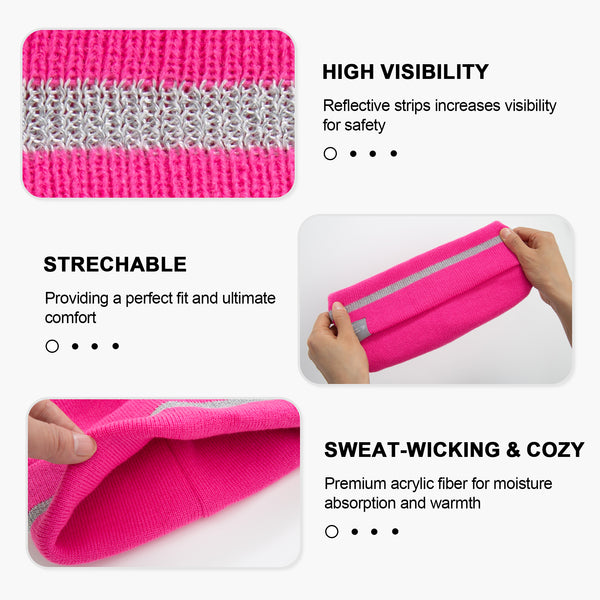 ProtectX 2packs High Visibility Pink Safety Beanies, 360-Degree Reflective Comfortable Knit Beanie Headcover Hat, Warming Cap for Work