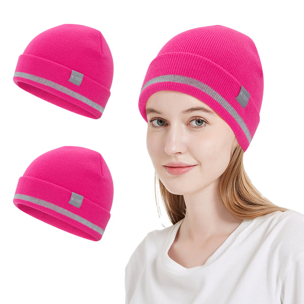 ProtectX 2packs High Visibility Pink Safety Beanies, 360-Degree Reflective Comfortable Knit Beanie Headcover Hat, Warming Cap for Work