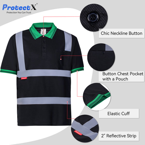 ProtectX High Visibility T-Shirt Black 2-Pack Short Sleeve Reflective Safety Polo Shirt