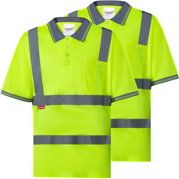 ProtectX High Visibility T-Shirt Neon Green 2-Pack Short Sleeve Reflective Safety Polo Shirt Type R Class 2