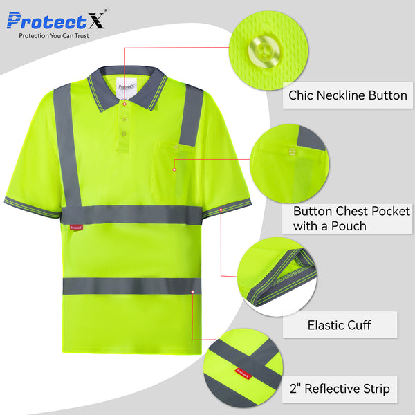 ProtectX High Visibility T-Shirt Neon Green 2-Pack Short Sleeve Reflective Safety Polo Shirt Type R Class 2