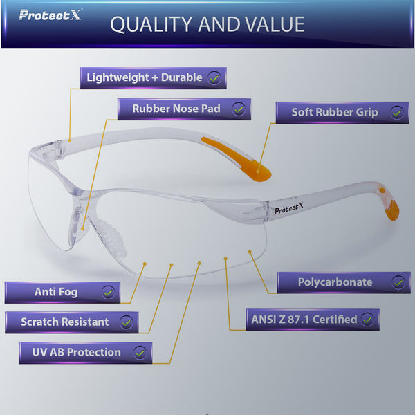 ProtectX Olympus Clear Safety Glasses Anti-Fog Scratch Resistant Lenses ANSI Z817.