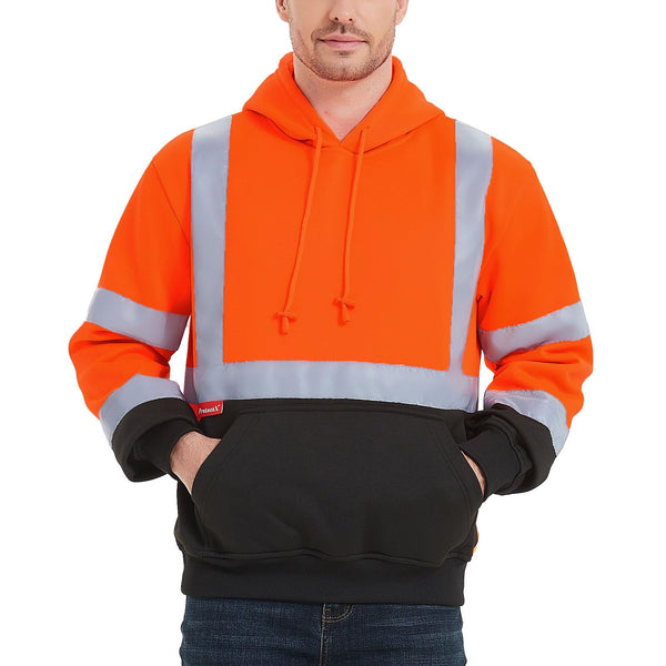 ProtectX Orange Pullover High Visibility Hoodie Safety Reflective Sweatshirt with Large Pockets Class 3