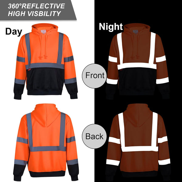 ProtectX Orange Pullover High Visibility Hoodie Safety Reflective Sweatshirt with Large Pockets Class 3